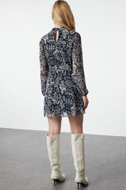 Lacivert Kusakl? Etegi Volanl? Boho Astarl? Sifon Mini Dokuma K?sl?k Elbise TWOAW24EL00665