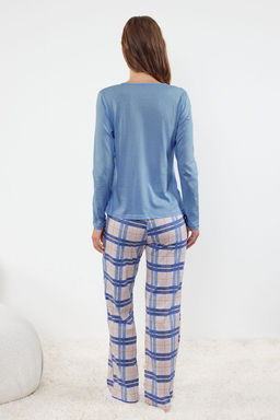 Mavi %100 Pamuklu Ekoseli Baglama ve Dugme Detayl? Orme Pijama Tak?m? THMAW25PT00004 - Trendyolmilla фото 5