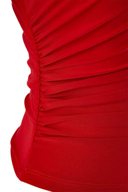 K?rm?z? Drapeli Fitted/Vucuda Oturan K?sa Kollu Dik Yaka Esnek Orme Bluz TWOSS24BZ00426