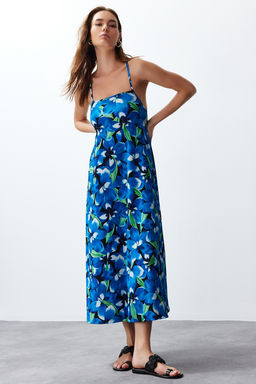 Mavi Bask?l? Ayarlanabilir Ask?l? Kare Yaka A-Line Burumcuk/Dokulu Orme Maxi Elbise TWOSS24EL00060