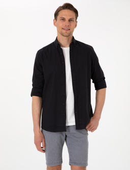 Siyah Keten G_r_n_ml_ Slim Fit Uzun Kollu G_mlek
