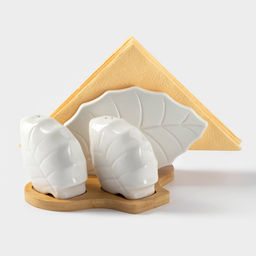 Набор фарфоровый для специй на бамбуковой подставке BellaTenero Листья, 4 предмета: солонка 120 мл, перечница 120 мл, салфетница, подставка, белый  фото 5