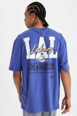 DeFactoFit NBA Los Angeles Lakers Oversize Genis Kal?p Bisiklet Yaka S?rt Bask?l? Pamuklu K?sa Kollu Tisort