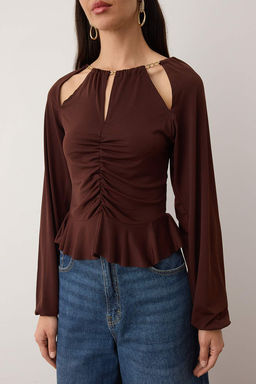 Trendyolmilla Siyah Pencere/Cut Out Detayl? Aksesuarl? Orme Bluz TPRAW24BZ00053  фото 11