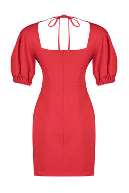 K?rm?z? A Kesim S?rt Datayl? Balon Kollu Mini Dokuma Elbise TWOSS24EL00652