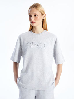 Bisiklet Yaka Bask?l? Oversize Kad?n Ti??rt