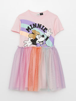 Bisiklet Yaka Minnie Mouse Bask?l? K?sa Kollu K?z ?ocuk Elbise
