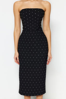 TRENDYOLMILLA Siyah Vucuda Oturan Astarl? Parlak Tasl? Dokuma S?k Abiye Elbise TPRSS23EL00476 фото 4