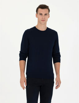 Lacivert Slim Fit Bisiklet Yaka Y_n Kar___ml_ Basic Triko Kazak