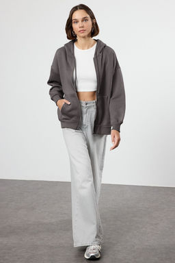 Antrasit Oversize/Rahat Kesim Basic Kapusonlu Fermuarl? Kal?n Ici Polarl