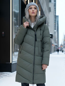Пальто зимнее утепленное с капюшоном женское цвета хаки 1318Kh