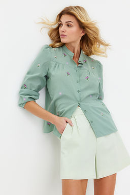 Yesil Cicek Nak?s Nak?s Detayl? Regular Normal Kal?p Dokuma Gomlek TWOSS23GO00152