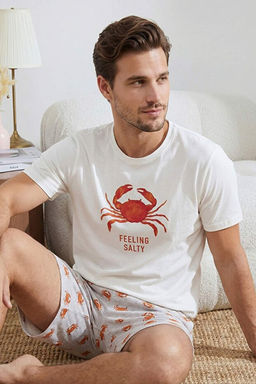 Ekru Regular Fit Yenge_ Bask_l_ Pamuklu Pijama Tak_m_ TMNSS26PT00020 - Trendyolmilla фото 2