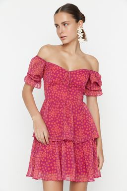 Cok Renkli Cicekli Etegi Volanl? Skater/Belden Ac?lan Sifon Mini Astarl? Dokuma Elbise TWOSS22EL2772