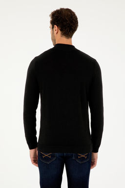 Erkek Slim Fit Yar_m Fermuarl_ Siyah Basic Kazak