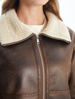 G?mlek Yaka Kad?n Deri G?r?n?ml? Mont - Waikiki фото 3