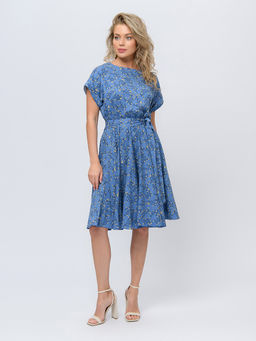 Платье синего цвета длины миди с цветочным принтом и короткими рукавами - 1001dress фото 2