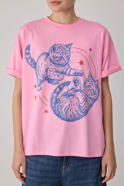 A__k Pembe Bask_l_ Oversize Bisiklet Yaka D___k Kol K_sa Uzun %100 Pamuk _rme T-Shirt TWOSS26TS00371 - Trendyolmilla фото 3