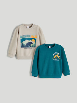 Bisiklet Yaka Bask?l? Erkek ?ocuk Sweatshirt 2li