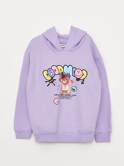 Kap??onlu Bask?l? Uzun Kollu K?z ?ocuk Sweatshirt