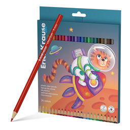 АКЦИЯ Цена за 10 шт. Цветные карандаши пластиковые ErichKrause Kids Space Animals трехгранные, грифель 3 мм, 24 цвета (в коробке с европодвесом 24 шт)