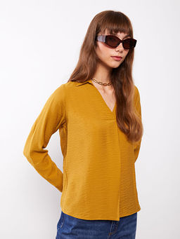 G?mlek Yaka D?z Uzun Kollu Kad?n Bluz