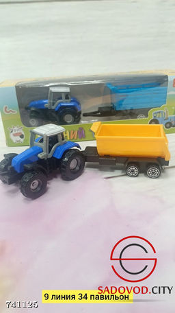 Металлический синий трактор с прицепом