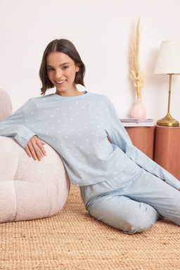 Ac?k Mavi %100 Pamuklu Puantiye ve Kalpli Orme Pijama Tak?m? THMAW25PT00039