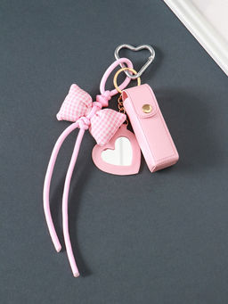 Брелок для ключей на кольце с карабином, с зеркалом «Для помады. Бант», на рюкзак, сумку, кожзам, розовый, 23×3×3.5 см