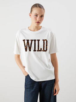 Bisiklet Yaka Bask?l? Oversize Kad?n Ti??rt