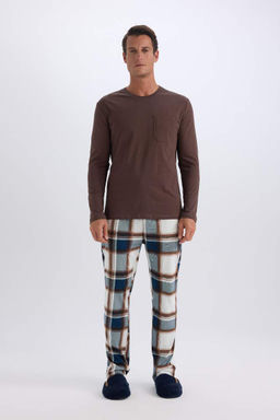 Regular Fit Pijama Tak?m? Bisiklet Yaka Uzun Kollu Ust Kareli Uzun Alt - Defacto фото 2