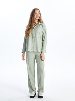 Standart Fit ?izgili Keten Kar???ml? Kad?n Pantolon