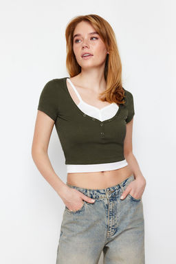 Trendyolmilla Haki Cift Kat Detayl? Fitted/Vucudu SaranFitilli Esnek Orme Bluz TWOSS24BZ00102  фото 9