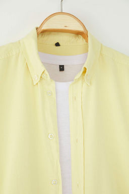 Sar? Unisex Regular Fit %100 Pamuklu Keten Gorunumlu Gomlek TMNSS23GO00099