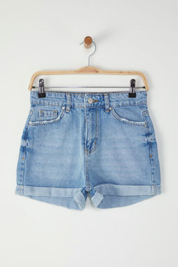 Mavi Yuksek Bel Paca Katlamal? Mini Denim Sort TWOSS25SR00170