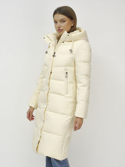 Пальто утепленное стеганное зимнее с капюшоном женское светло-бежевого цвета 9636_1SB - Mtforce фото 13
