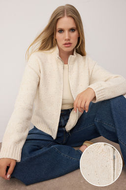 Tas Fermuarl? Dik Yaka Yumusak Dokulu Vizon Payetli Triko H?rka TWOAW26HI00053