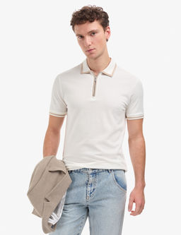 Ekru Slim Fit %100 Pamuk Fermuarl_ Polo Yaka Ti__rt