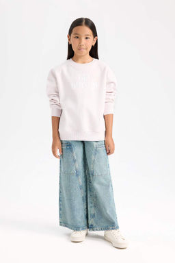 Мягкий пушистый свитшот оверсайз для девочек с широким вырезом и круглым вырезом сзади с принтом - Defacto фото 2