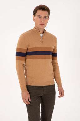 Erkek Regular Fit Yar_m Fermuarl_ Camel Kazak