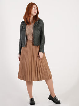 Юбка плиссированная светло-коричневая с поясом - Almond фото 4