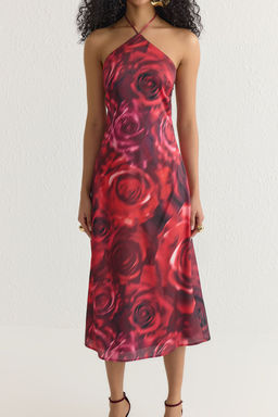 Cok Renkli Cicek Desenli Dokuma Midi Abiye Gece Mezuniyet Elbisesi TPRSS25EL00106 - Trendyolmilla фото 3