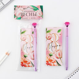 Подарочный набор, блокнот 32 листов A7 и ручка пластик «8 марта: С праздником весны»