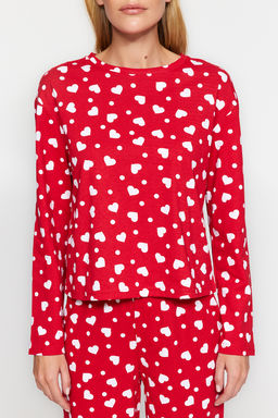 Trendyolmilla K?rm?z? %100 Pamuklu Kalpli Tshirt-Pantolon Orme Pijama Tak?m? THMAW24PT00124