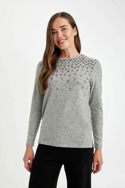 Женская футболка свободного покроя с круглым вырезом и леопардовым принтом с боковым разрезом и длинными рукавами - Defacto фото 4