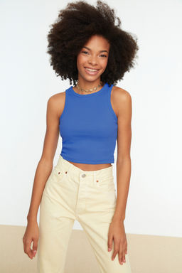 TRENDYOLMILLA Beyaz Fitted/Vucuda Oturan Crop Halter Yaka Fitilli Esnek Orme Atlet TWOSS21AL0050  фото 42