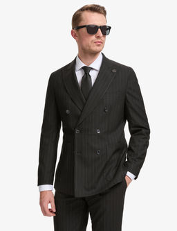 Siyah Extra Slim Fit _izgili Kruvaze Tak_m Elbise