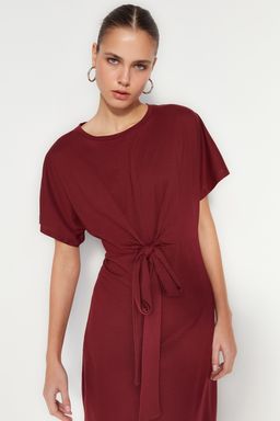 Bordo %100 Pamuk Bele Oturan Y?rtmac ve Baglama Detayl? Midi Orme Kalem Elbise TWOSS21EL0404