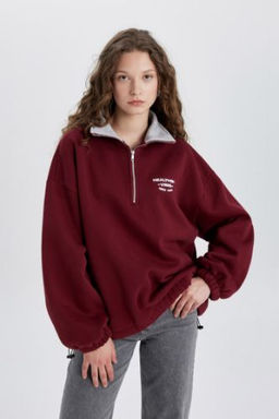 Oversize Genis Kal?p Yar?m Fermuarl? Nak?sl? Kal?n Sweatshirt