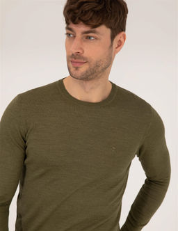 A__k Ye_il Slim Fit Bisiklet Yaka Y_n Kar___ml_ Basic Triko Kazak